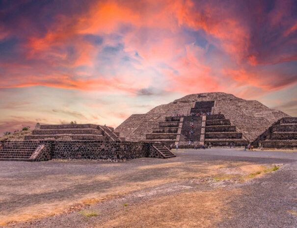 Aerial view showing of the Avenue of the Dead and the Pyramid of the Moon. The Maya and Aztec city of Teotihuacan archaeological site is located northeast of Mexico City.