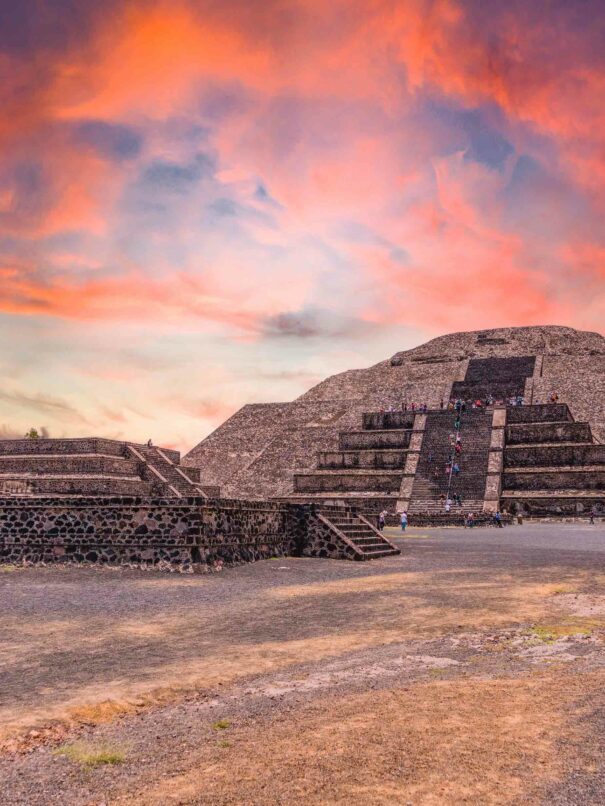 Aerial view showing of the Avenue of the Dead and the Pyramid of the Moon. The Maya and Aztec city of Teotihuacan archaeological site is located northeast of Mexico City.